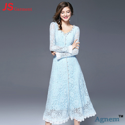JS 37 χονδρικό νέο σχεδίου μακρύ μανικιών μόδας β-λαιμών λουλουδιών φόρεμα δαντελλών γυναικών μέσης διακοσμήσεων υψηλό